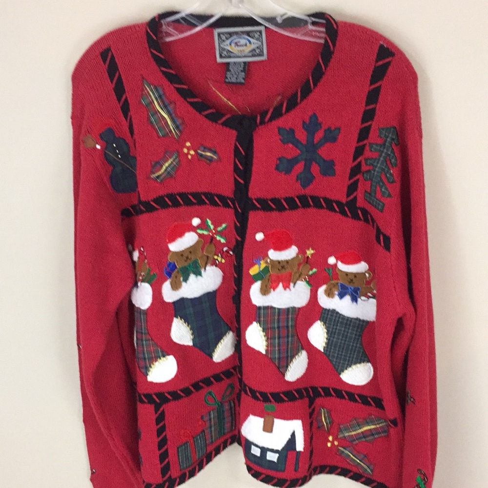 Ugly Christmas Cardigan Red Sweater Teddy Bear Stockings Holiday Size XL